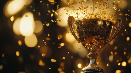 Wall Mural - A close-up of a trophy with golden confetti raining down, capturing the moment of triumph