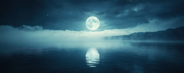serene moonlit night over a calm lake, with a reflection of the full moon and misty clouds creating 