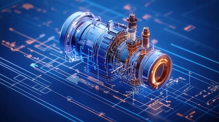 Wall Mural - Engine blueprint with analysis charts, mechanical engineering study, 3D illustration