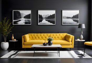 Wall Mural - A modern living room with a yellow tufted sofa, a black coffee table, and three black and white landscape photographs on the wall.