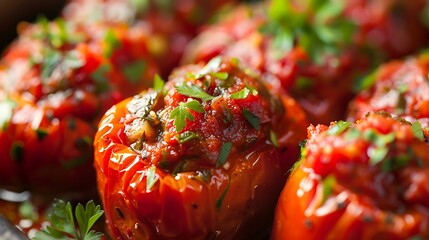 Beautiful closeup of tomato sauce stuffed chili peppers