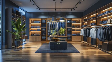 Poster - A chic boutique features neatly arranged modern attire, highlighting elegance and style in a warm, inviting atmosphere