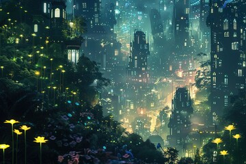 Wall Mural - a painting of a city at night with a lot of lights