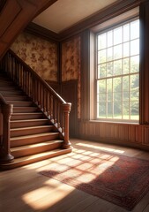 Wall Mural - Wooden Staircase Interior Design with Sun Light