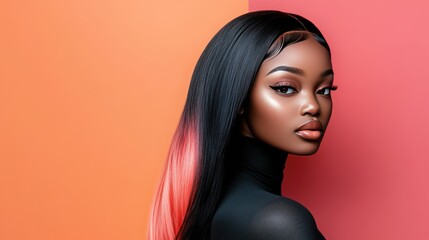 Poster - Beautiful woman with pink highlights in her black hair, looking over her shoulder with a confident expression.