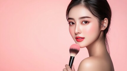 Close-up portrait of a beautiful Asian woman with flawless skin holding a makeup brush against a pink background.