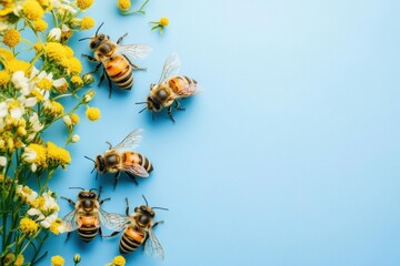 busy bees on blue background with yellow flowers