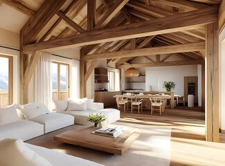 Wall Mural - Modern Living Room Interior Design With Wooden Beams And White Couch