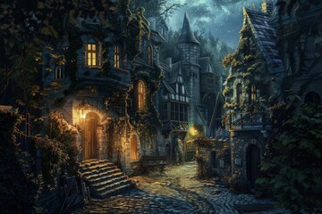 a painting of a street at night with a castle in the background