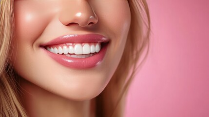 Close-up of a woman's smiling mouth showing perfect white teeth, with pink lipstick, against a pink background.