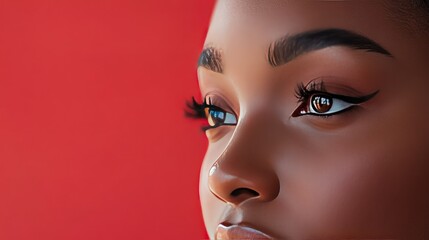 Poster - Close-up of a woman's eye with dramatic eyeliner and long eyelashes against a red background.