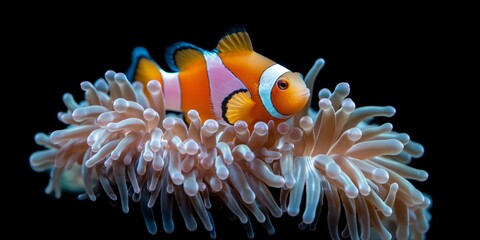 Wall Mural - A small orange and white fish is on a sea anemone. The fish is surrounded by the anemone's tentacles, which are white and pink. Concept of peacefulness and harmony between the fish