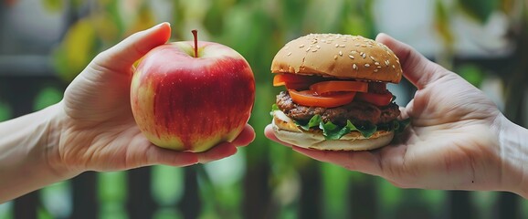 A hand holding a red apple and another holding a hamburger, with a blurred green background.