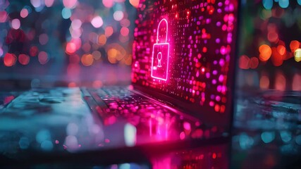 Poster - A modern, sleek laptop screen with a vibrant LED glow displaying a digital lock symbol, signifying security