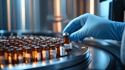 Aufkleber - A gloved hand selects a small vial from a rotating platform surrounded by rows of amber-colored containers in a sterile lab environment