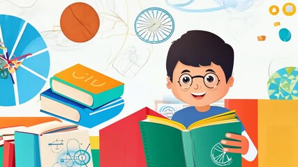 Poster - Young Boy Exploring Knowledge Through Books in a Creative Collage Generative AI