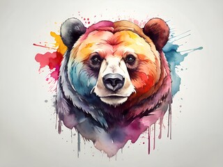 the face of a multi-colored bear on white background. Watercolor paints, Airbrushed t-shirt design of a majestic bear with colorful paint splashes