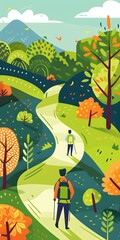 Wall Mural - Hiking Illustration With Two People On A Path Through The Forest