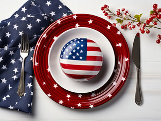 attractive decorated with america flag plate, napkin and fork on table