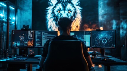 Poster - Person working at a computer station in a dark room with blue lighting and a lion mural on the wall at night