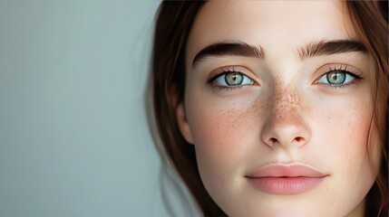 Poster - Close-up portrait of a woman with freckles and green eyes looking to the right.