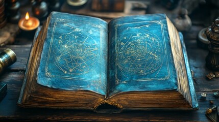 Opened spell book with magical symbols