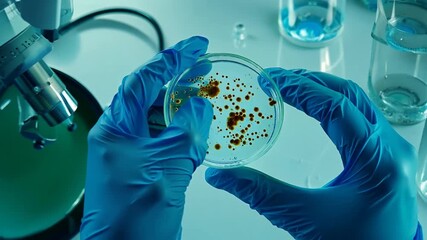 Poster - Scientist in Blue Gloves Examining Unusual Bacteria Culture in Lab Generative AI