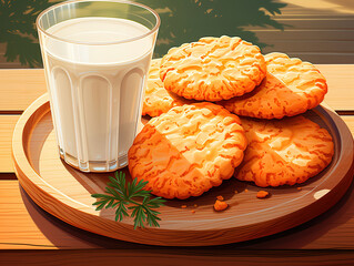 Luxurious Front viewoatmeal cookies on tracing paper with glass of milk on a wooden background