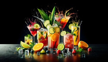 Wall Mural - fruit juice, cocktail and beverages fresh, dark background