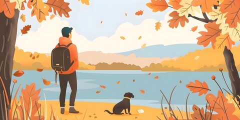 Wall Mural - Man With Dog Enjoying Fall Landscape