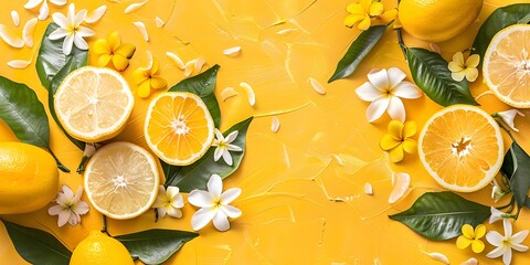 Wall Mural - Fresh Lemon Fruit and White Flower on Yellow Background