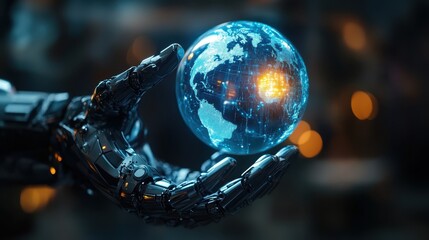 Poster - A hyper-realistic AI-powered robot holding a glowing holographic world, symbolizing the future of global connectivity, with copy space for text