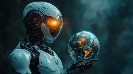 Poster - A hyper-realistic AI-powered robot holding a glowing holographic world, symbolizing the future of global connectivity, with copy space for text