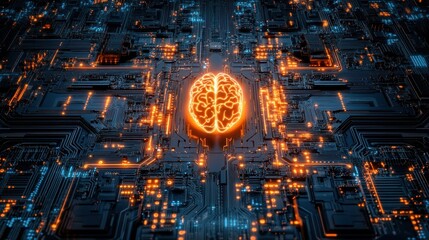 Poster - A gowing circuit board with an AI-powered brain at its center, symbolizing the core of intelligent machines, with copy space for text 