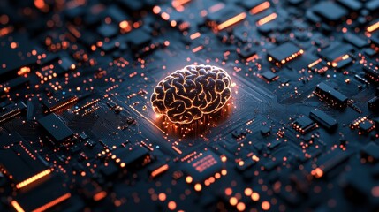 Poster - A gowing circuit board with an AI-powered brain at its center, symbolizing the core of intelligent machines, with copy space for text 