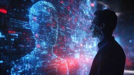 Poster - Human and an AI-powered holographic figure discussing data on a digital interface, symbolizing collaboration in decision-making, with copy space for text, A hyper-realistic 