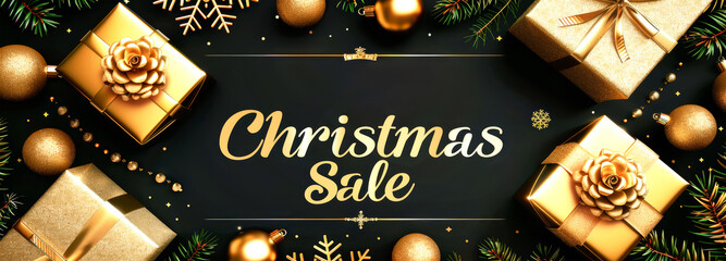 Wall Mural - Golden gift boxes, ornaments, and snowflakes are arranged on a black background with a Christmas Sale banner in gold script