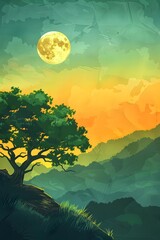 Wall Mural - Full Moon Over Mountain Range