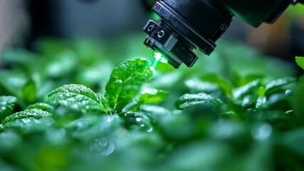 Poster - A robotic arm utilizes precision tools to monitor and care for healthy mint plants in a high-tech farming setup.