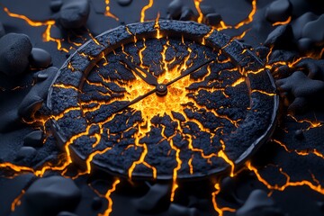Poster - A clock face embedded in molten lava, time melting away.  The clock hands are frozen in place, symbolizing the passage of time.