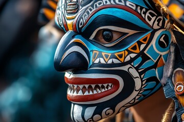 Aufkleber - A close-up of a colorful, intricate mask with a fierce expression. The mask is worn by a person in a traditional costume.