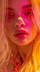 Poster - A stunning model with long blonde hair showcases striking facial features amidst a colorful glow of pink and orange lighting