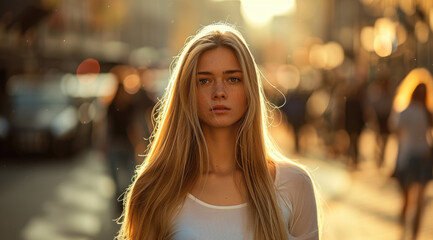 Wall Mural - A young blonde woman with long, straight hair, wearing white and walking down the street in a European city