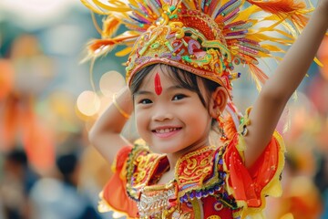 a little girl wearing a colorful headdress and smiling