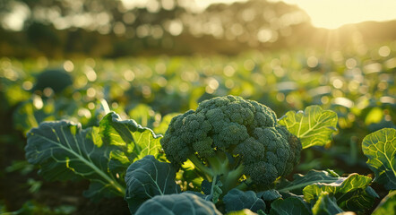 Wall Mural - A close-up shot of broccoli growing in the field, with sunlight filtering through the leaves, highlighting its vibrant green color and intricate details