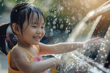 Wall Mural - a little girl playing in the rain with an umbrella