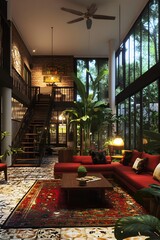 Wall Mural - Modern Interior Design with Tropical Plants and Red Sofa