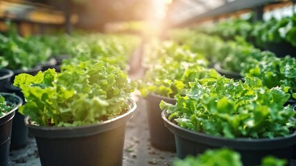 Poster - Rows of vibrant lettuce plants in black pots thrive under the warm glow of sunlight in a greenhouse.
