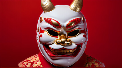 Wall Mural - Traditional Japanese Mask: A modern take on cultural symbols with gold accents, a red background and a minimalist design that reflects the richness of Japanese culture and theatrical traditions