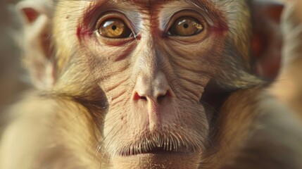 Poster - A captivating encounter with a monkey, showcasing its detailed features and expressive gaze in a serene outdoor environment
